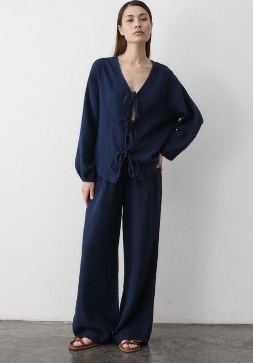 Lacivert %100 Pamuk Bağlamalı Bluz Pantolon Takım - 8502
