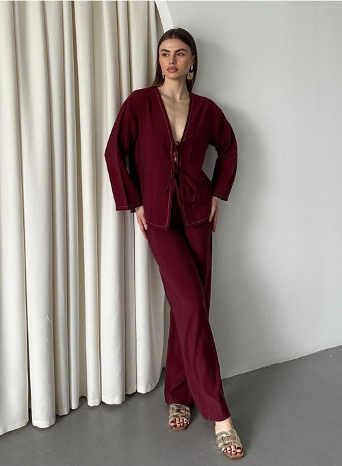 Bordo Bağlamalı Kimono Takım - 8567