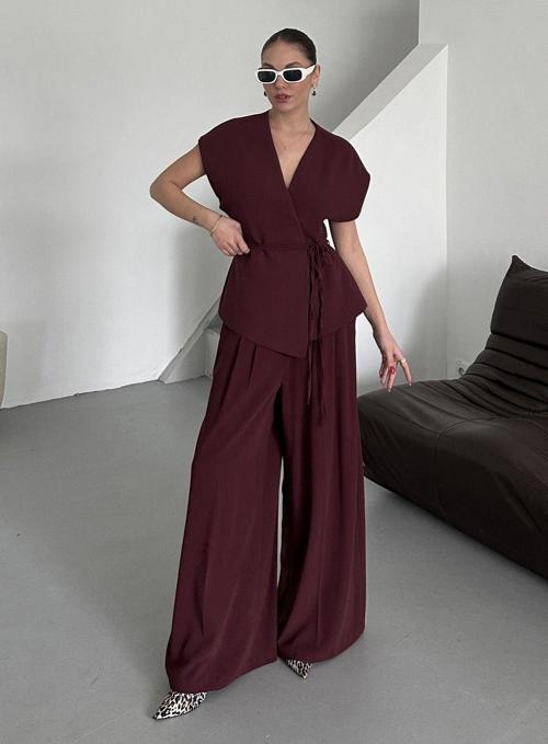 Bordo Juana Yelek Pantolon Takım - 8597