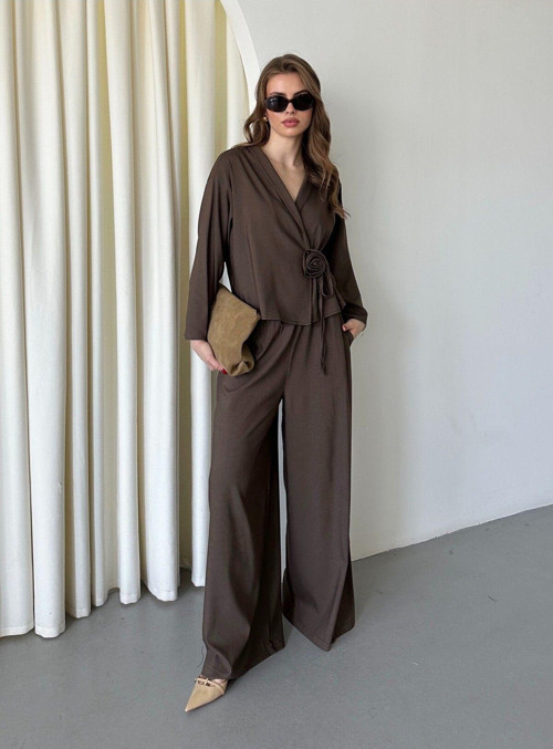 Kahverengi Gül Detaylı Kimono Takım - 8637