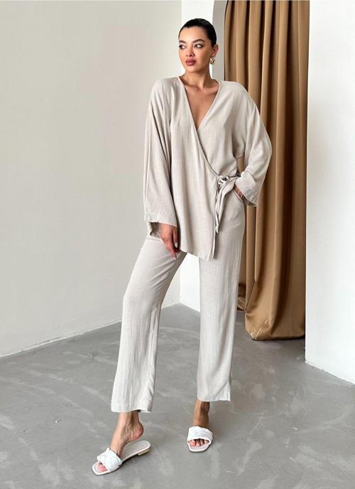 Taş Rengi Kruvaze Pamuklu Kimono Pantolon Takım