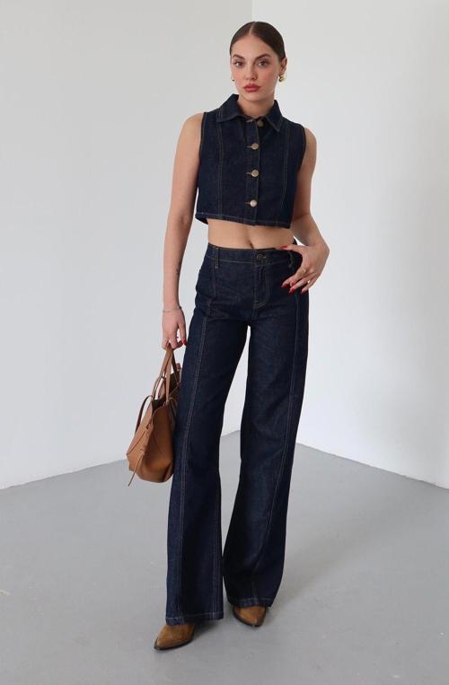 Lacivert Yakalı Yelek Çimalı Pantolon Denim Takım - 0392