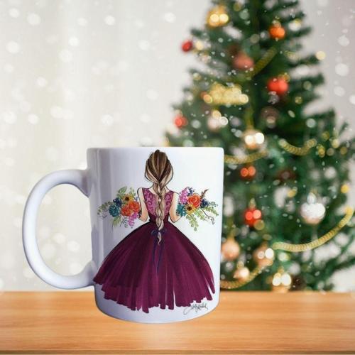 Genç Kıza Çiçekler Porselen Kupa