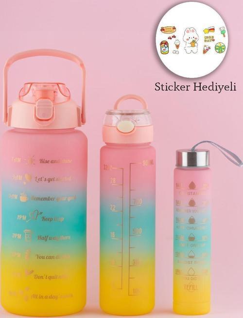 11918 3 lü Motivasyon Stickerlı Kokusuz Spor Su Matarası - Su Şişesi - Renkli Suluk