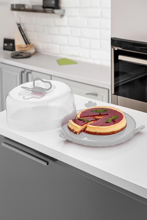 L-00501 Caramel Kilitli Kapaklı Kek Pasta Saklama Taşıma Kabı Borcam - Kek Fanusu Gri