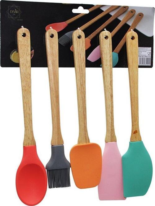 5 PARÇA AHŞAP SAPLI BÜYÜK RENKLİ SİLİKON MUTFAK SET FIRÇA - KAŞIK - SERVİS K. - SPATULA - KARIŞTIRICI  GO5060Gok222619