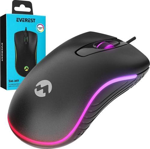 EVEREST SM-M9 1000 DPI USB RGB RAİNBOW LEDLİ SİYAH 3D OPTİK LED MOUSE  GO506089MT-26428