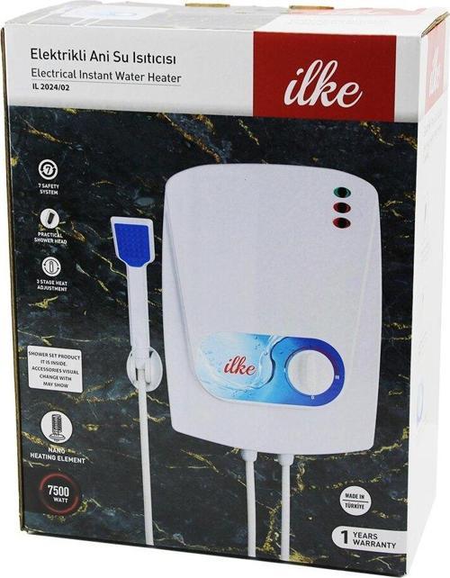 İLKE IL-2024/02 ELEKTRİKLİ ŞOFBEN 7500W 3 KADEMELİ ISI AYARI 7 EMNİYET SİSTEMİ DUŞ BAŞLIK--ASKI - HORTUM - APARAT  GO5060Gok111721