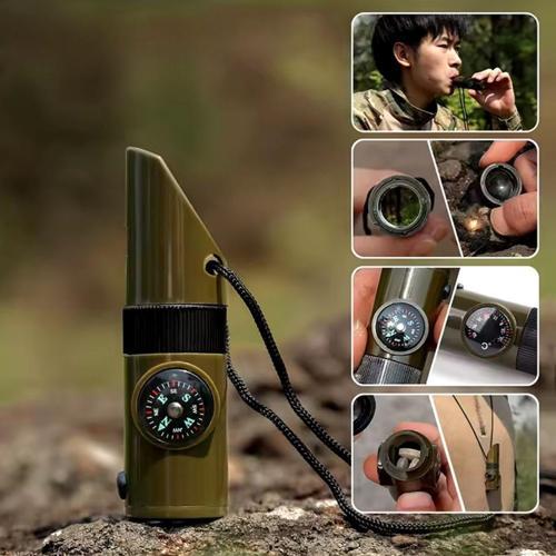 7si 1arada Acil Durum Düdüğü,El Feneri, Termometre,Pusula,Büyüteç,Depolama Bölmeli Kampçı Düdüğü  GO5060898684003011809