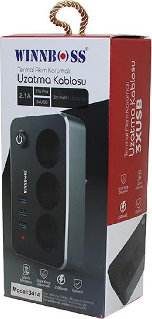 TERMAL AKIM KORUMALI 2.1A 3LÜ PRİZ 3XUSB 2MT ANAHTARLI UZATMA KABLO SİYAH GO50604037150