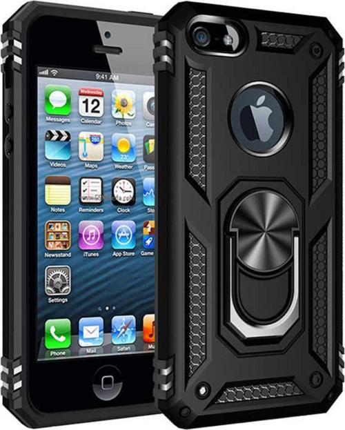 Apple İphone 5 / 5S Kılıf Vega Yüzüklü Standlı Zırh Tank Kapak + Ekran Koruma