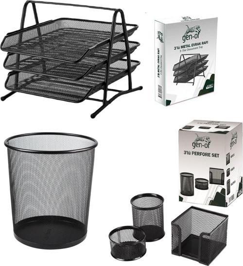 5 Parça Ofis Seti Çöp Kovası + Metal Evrak Rafı+Masa Seti 3'lü