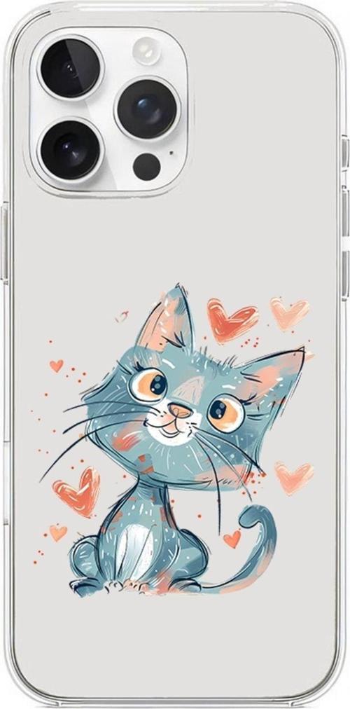 Zeynoiletişim Apple İphone 16 Pro Uyumlu Kalpli Kedi  Desenli Silikon Kılıf