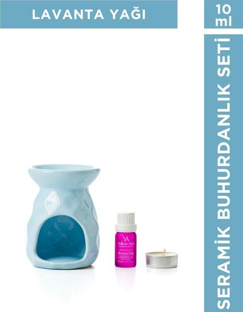 Seramik Buhurdanlık Seti Açık Mavi Renk + Lavandula Angustifolia Saf Lavanta Yağı 10 ml + M