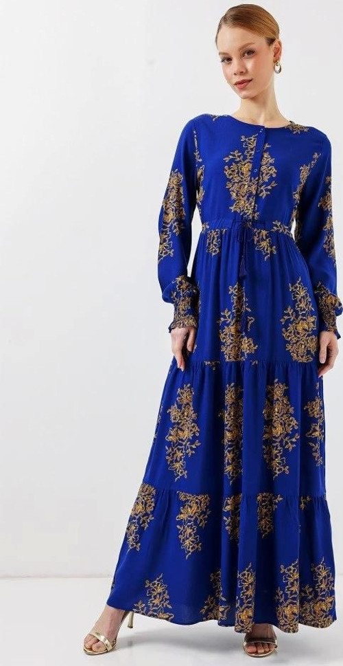 2145 Desenli Tesettür Elbise - Saks