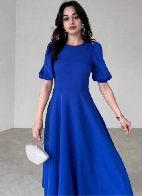 Kadın Kısa Balon Kollu Bisiklet Yaka Geniş Kesim Janjan Krep Elbise