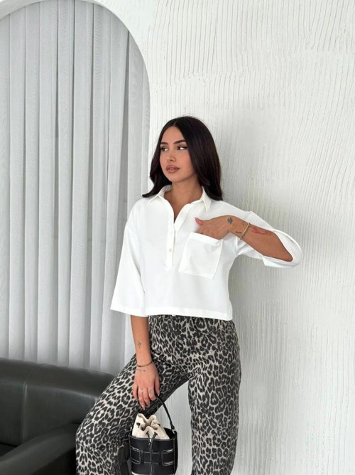Crop Yakalı Gömlek Üç Çeyrek Sleeve Kol - Beyaz