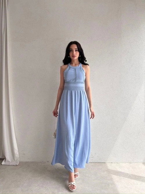 Kadın Krinkil Kumaş Beli Gipeli Halter Yaka Maxi Boy Elbise