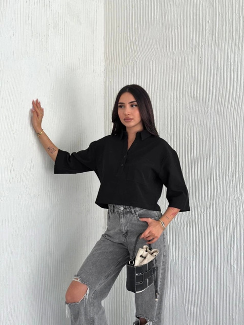 Crop Yakalı Gömlek Üç Çeyrek Sleeve Kol - Siyah