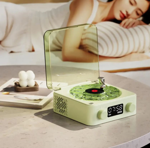 Mini Nostalji Plak Görünüm Dekor Waves Bluetooth Işıklı Müzik Çalar Alarm Saat TF Kart Aux Özellikli