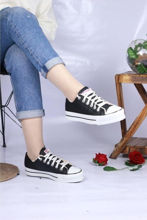 Converse,Art'Star Yüksek Topuklu Içi Kürklü Kısa Siyah Cilt Konvers,Sneaker Unisex Spor Ayakkabı 36