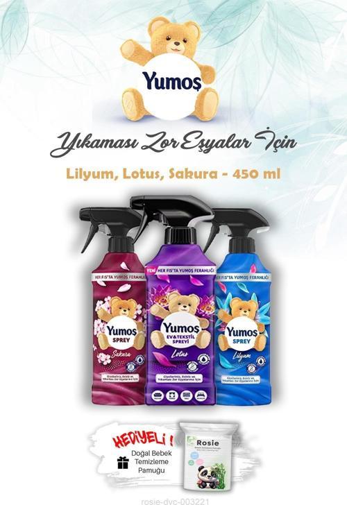 Lotus, Sakura ve Lilyum Yumoş 450 ml Yıkaması Zor Eşya Spreyi ROSIE Hediye