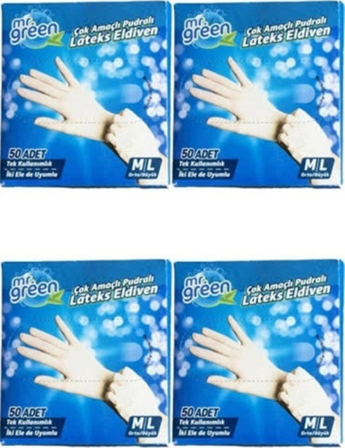 Mr Green Mr.Green 50Li Lateks Pudralı Eldiven 4 Kutu 200 Adet M/L Beden