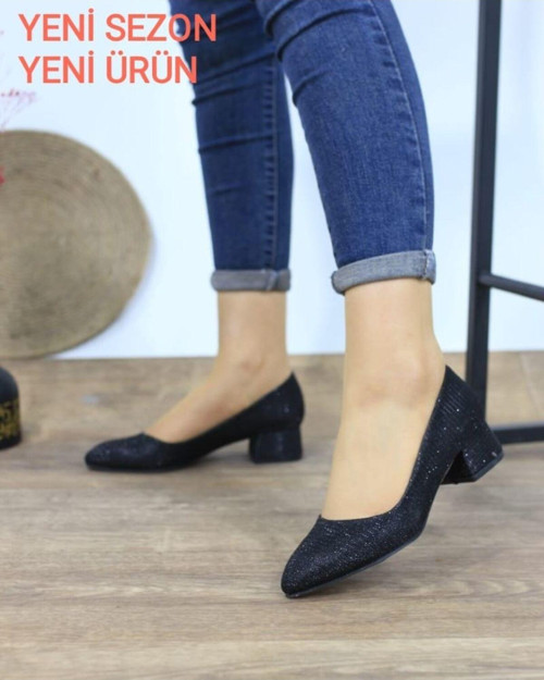 Kadın Ayakkabı Siyah Simli Sitiletto Cupra Kısa Topuklu Klasik Günlük Ayakkabı 3 Cm 41