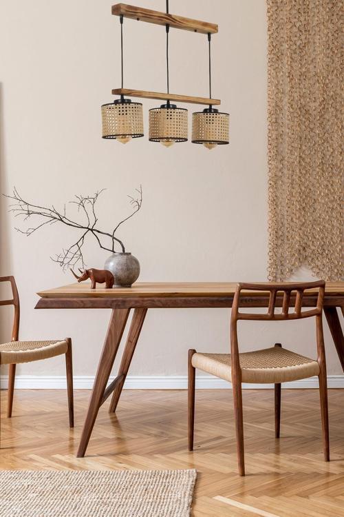 David 3 Lü Sıralı Yanık Rattan Abajurlu Sarkıt