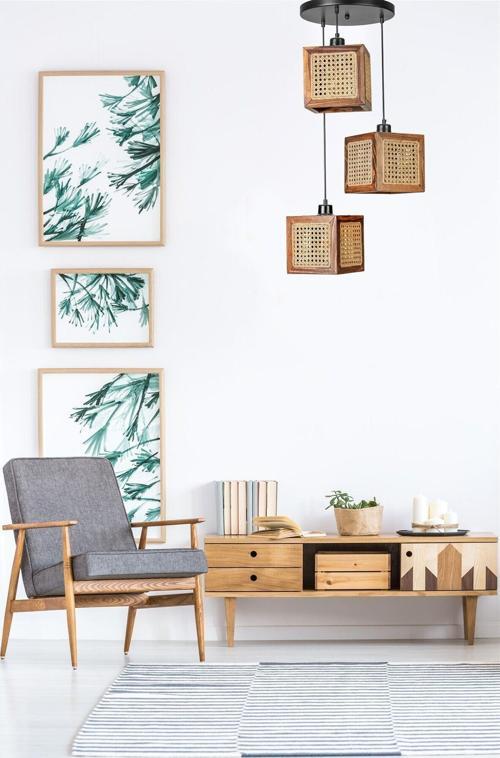 Kumsal 3 Lü Tepsili Ceviz Rattan Avize