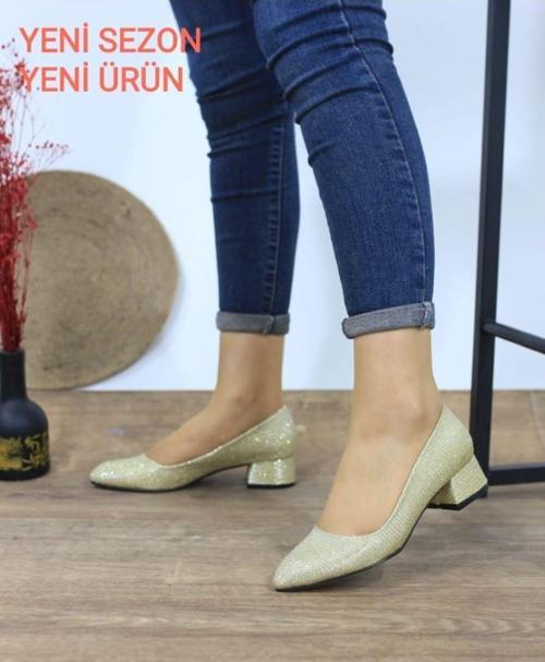 Kadın Ayakkabı Altın Gold Simli Sitiletto Cupra Kısa Topuklu Klasik Günlük Ayakkabı 3 Cm 37