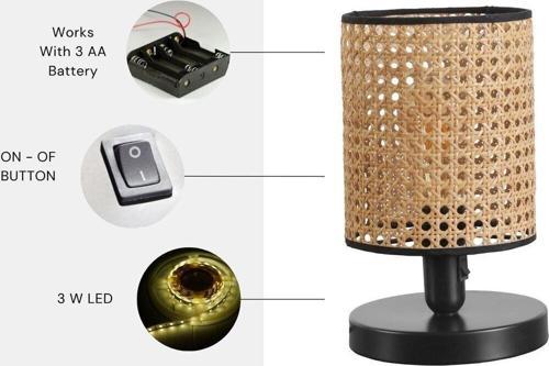 Yeni Ayça Pilli Siyah Rattan Abajurlu Masa Lambası