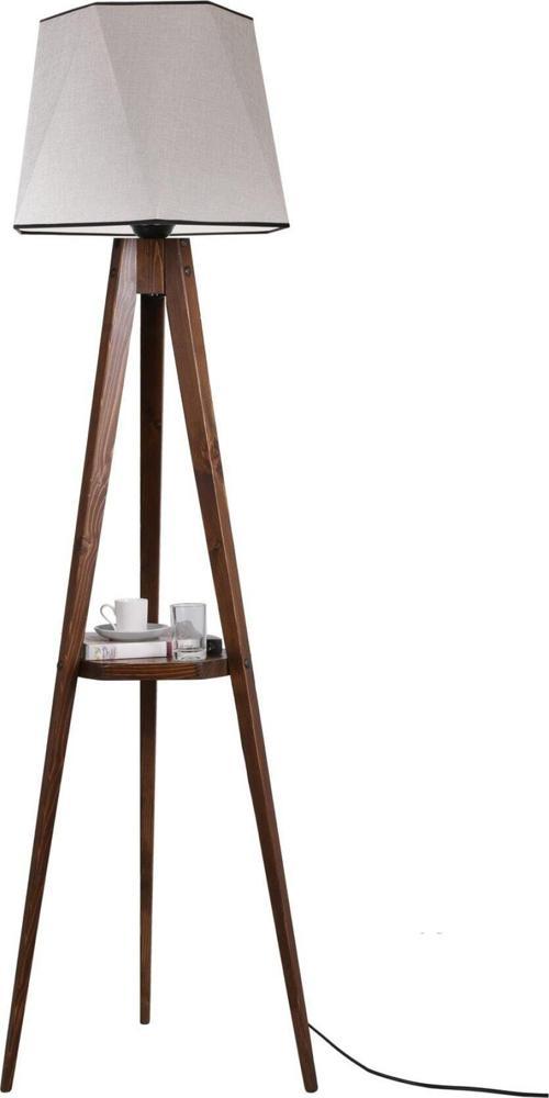 Sehbalı Tripod Lambader Ceviz Altıgen Açık Hasır Gri Abajurlu