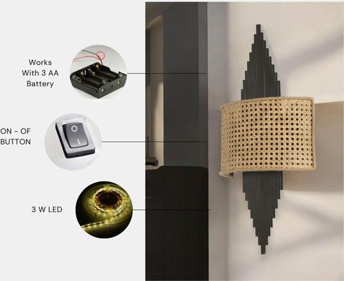 Yeni Aslı Pilli Siyah Oval Rattan Abajurlu Aplik