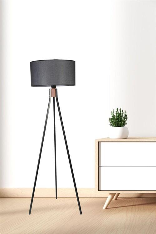 Fısco Tripod Siyah Lambader Silindir Hasır Siyah Abajurlu