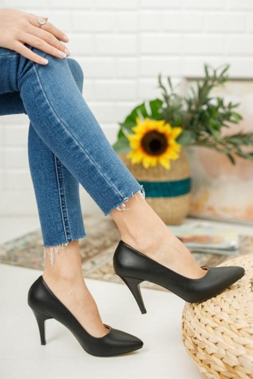Kadın Ayakkabı Stiletto Siyah Cilt Ince Topuklu Ayakkabı Günlük Klasik 9 Cm 39
