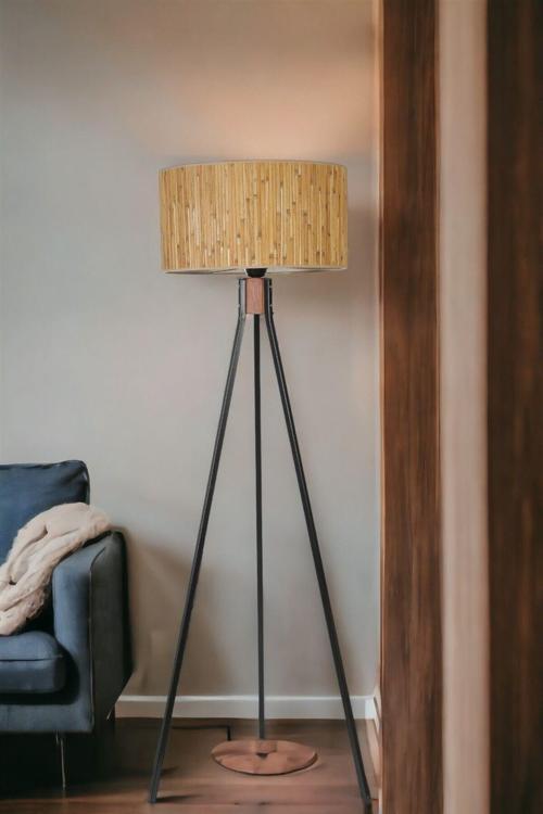 Fısco Tripod Siyah Lambader Silindir Bambu 07 Abajurlu