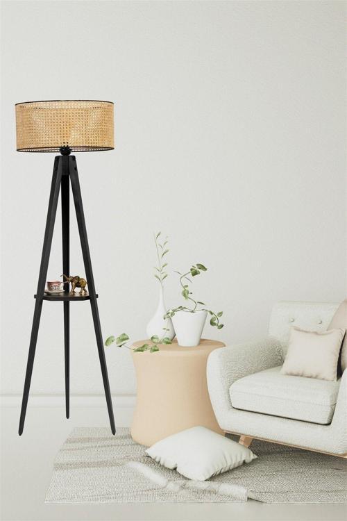 Sehpalı Tripod Siyah Silindir Rattan Abajurlu Lambader