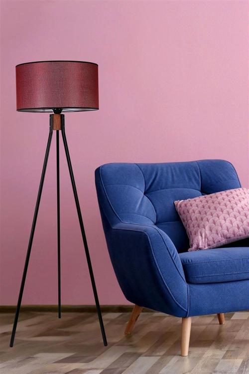 Fısco Tripod Siyah Lambader Silindir Hasır Bordo Abajurlu