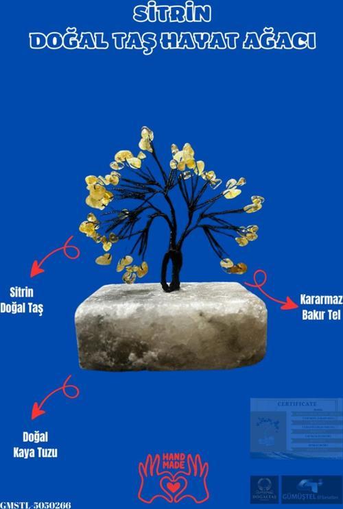Sertifikalı Sitrin Orijinal Doğal Taş Hayat Ağacı Biblo El Yapımı Sürpriz Hediyeli