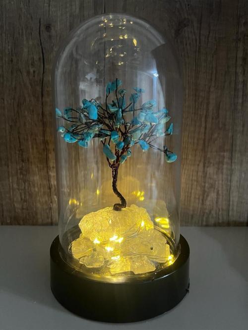 Sertifikalı Doğal Taş Turkuaz Tasarımlı Bakır Tel Sarma Işıklı Fanus Aksesuar 21x12 cm Büyük Boy