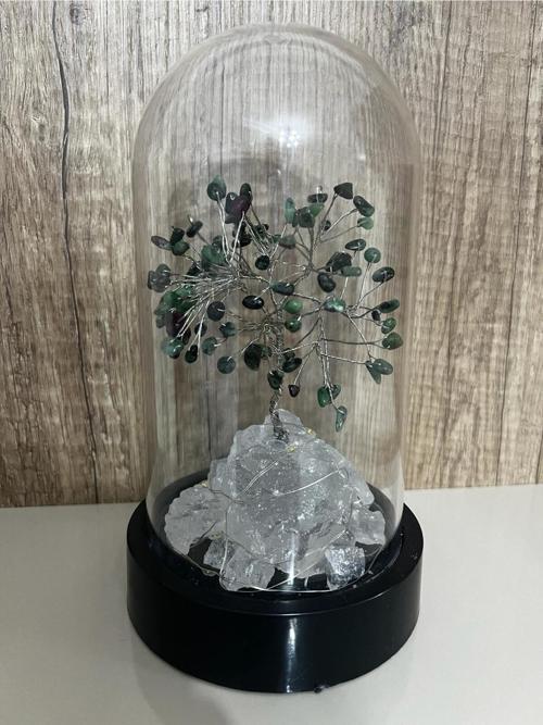 Sertifikalı Doğal Taş Zümrüt Tasarımlı Bakır Tel Sarma Işıklı Fanus Aksesuar 21x12 cm Büyük Boy