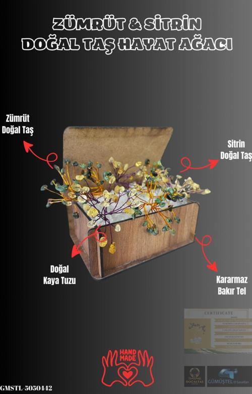 Sertifikalı Doğal Taş Zümrüt Sitrin Bakır Tel Sarma Ağaç El Yapımı