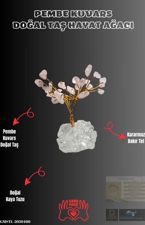 Sertifikalı Doğal Taş Pembe Kuvars Taşı Dekoratif El Yapımı Ağaç