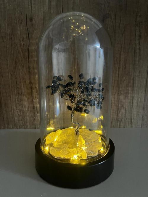 Sertifikalı Doğal Taş Hematit Tasarımlı Bakır Tel Sarma Işıklı Fanus Aksesuar 21x12 cm Büyük Boy
