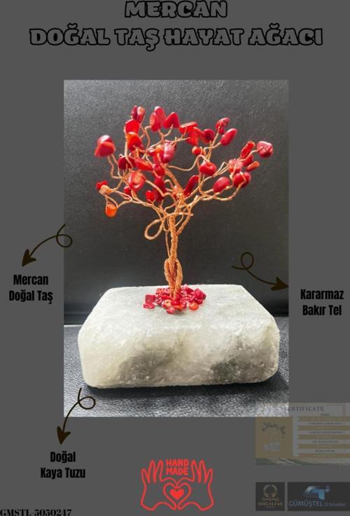 Sertifikalı Mercan Orijinal Doğal Taş Hayat Ağacı Biblo El Yapımı Sürpriz Hediyeli