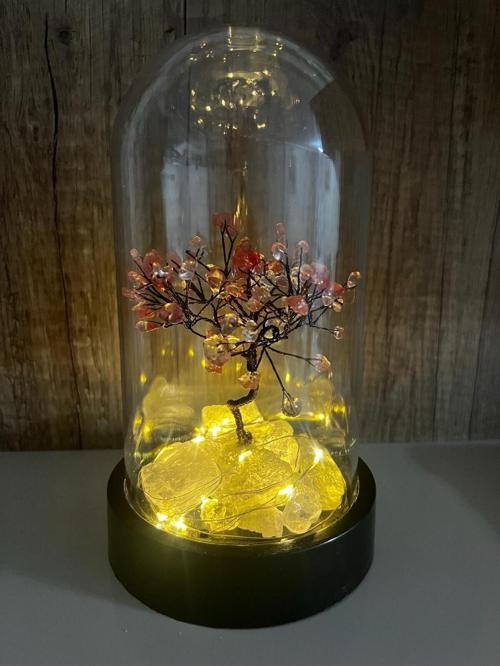 Sertifikalı Doğal Taş Çilek Kuvars Tasarımlı Bakır Tel Sarma Işıklı Fanus 21x12 cm Büyük Boy