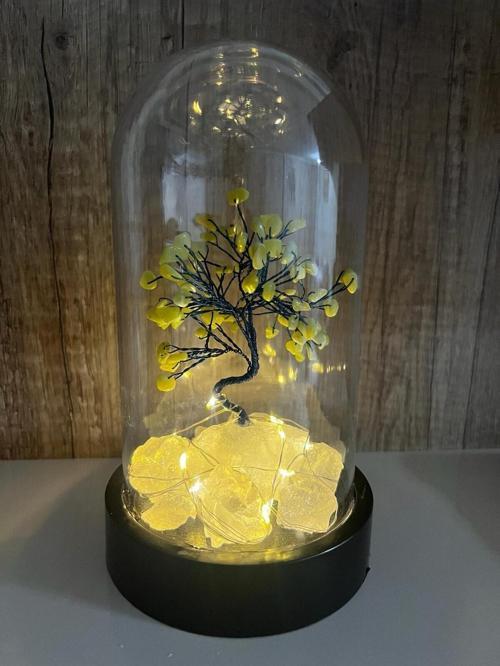 Sertifikalı Doğal Taş Peridot Tasarımlı Bakır Tel Sarma Işıklı Fanus Aksesuar 21x12 cm Büyük Boy