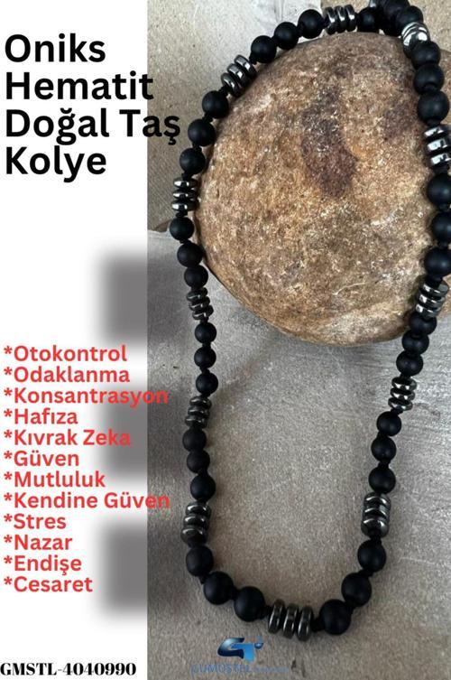 Sertifikalı Doğal Taş Oniks Hematit Erkek Kolye