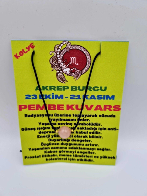 Sertifikalı Akrep Burcu Pembe Kuvars Taşı Doğal Taş Kolye